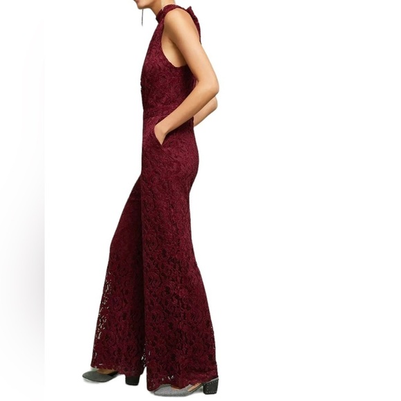 Ett Twa by Anthropologie Burgundy Lace with a Velvet Pattern Jumpsuit Size 8 - Picture 3 of 13